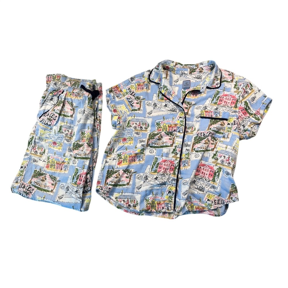 Jane And Bleecker Pajama Set Womens L Postcard Travel Print Button Up Pants PJs